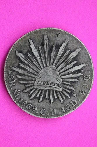 1869 メキシコ MoCH 8 Reales Libertad シルバー コイン .903 Fine Authentic & Real 0860N