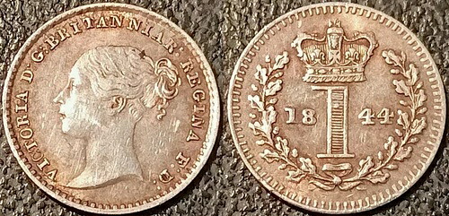 イギリス - ビクトリア州 - 1ペニー銀貨 1844年 非常に美しい！ KM#727