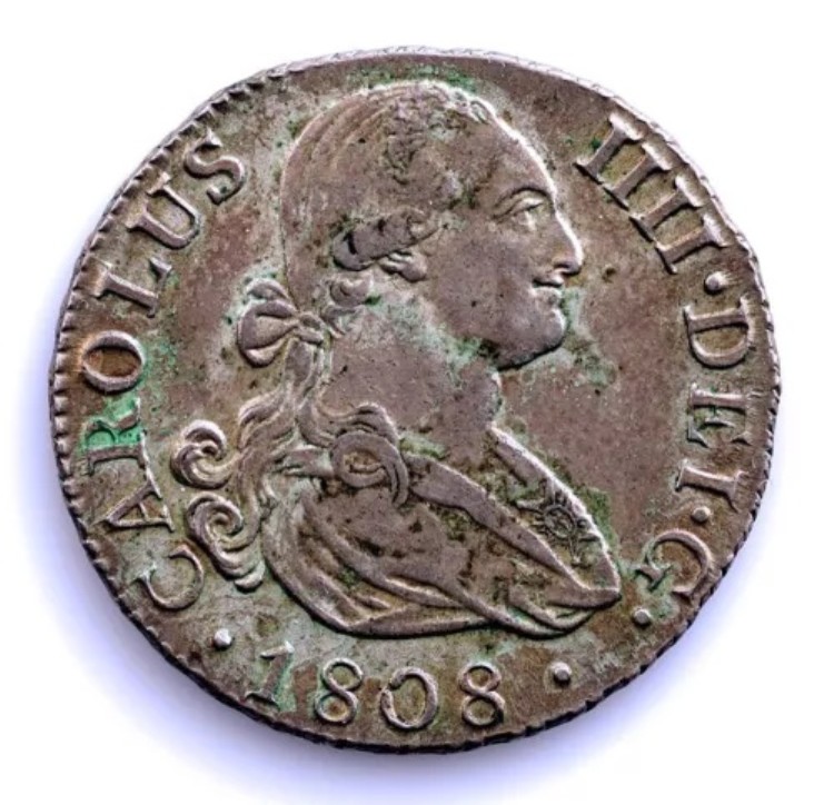 S.C. スペイン-カルロス4世。2レアル、1808年、A.I. マドリード。EBC-/XF- 銀 5.8g。緑青｜WORLD RESOURCE【KING店】