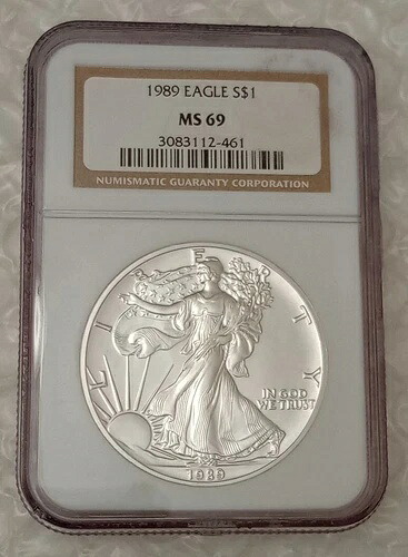 アメリカ合衆国 1ドル、アメリカン・シルバー・イーグル 1989年、1ドル硬貨。NGC MS-69