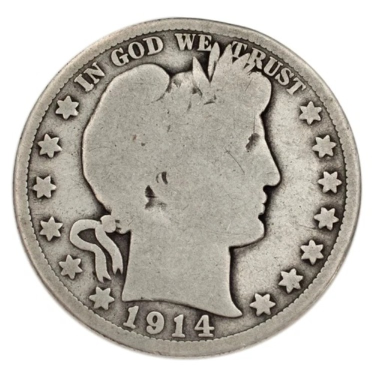 1914年製 シルバー バーバー ハーフドル 50セント (状態良好、G) ナチュラルカラー
