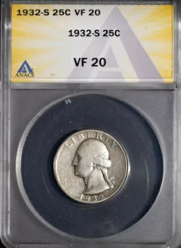1932-S 25セント銀貨ワシントンクォーター VF 20 ANACS # 7692471 + ボーナス