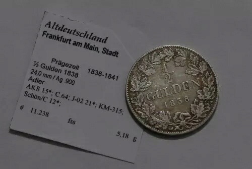 ?? ???? ドイツ フランクフルト 1/2 グルデン 1838年 銀貨 希少 美品 B79 #Z9534