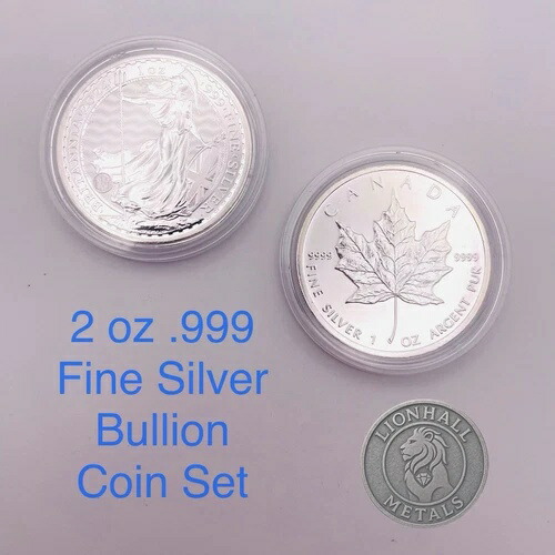 1オンス シルバー ブリタニア & 1オンス メープルリーフ コイン 999 ファイン 地金 2オンス セット カプセル入り