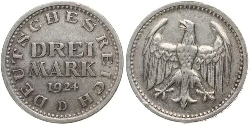 ドイツ - ドイツ帝国 3 マーク 1924 D - 銀 0.500、15g、? 30mm Km#43｜WORLD RESOURCE【KING店】