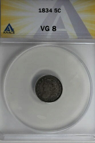 1834 .05 ANACS VG 8 1800年代のハーフダイム、キャップ付き胸像ハーフダイム｜WORLD RESOURCE【KING店】