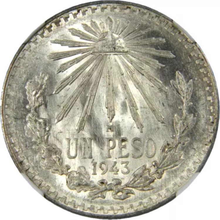 メキシコ、1943-M 銀ペソ貨 NGC MS 65 (42-7)