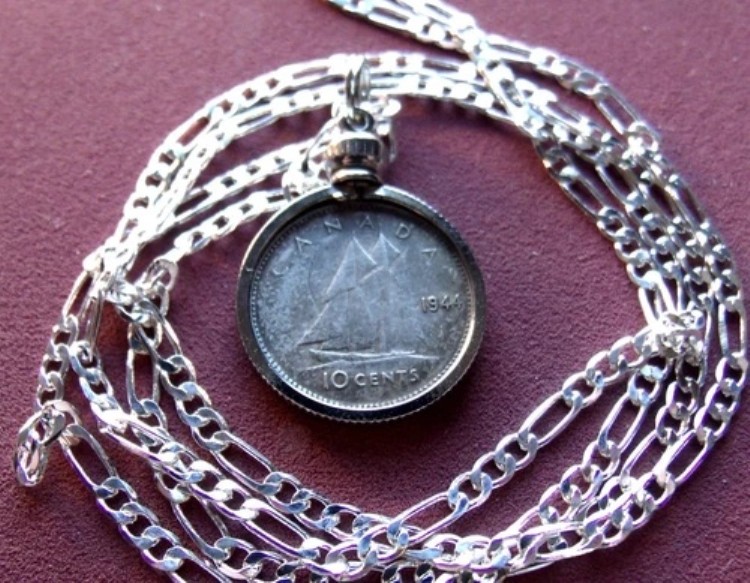 1944年カナダ 800 シルバー 10セントコインペンダント ジョージ6世クラシック 26インチシルバーチェーン