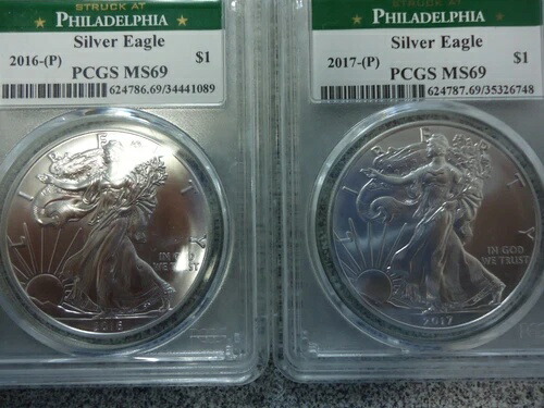 2016年（P）および2017年-PアメリカンシルバーイーグルPCGS MS69フィラデルフィアで鋳造