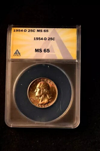 1954年-D ワシントン クォーター ANACS 素晴らしい認定 レインボートーン MS--65! #167