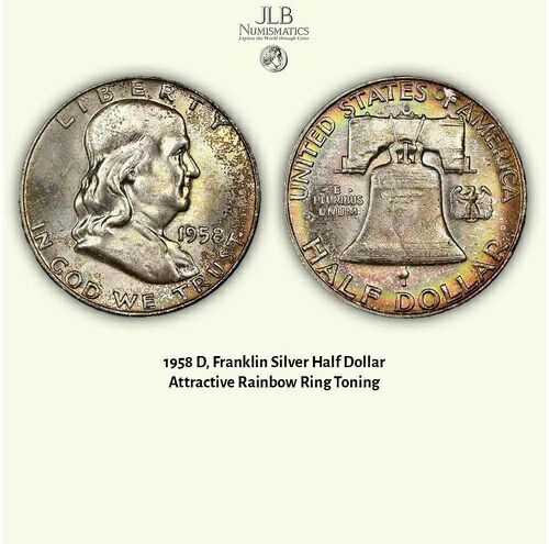 1958 D、フランクリン シルバー ハーフ ドル、魅力的なレインボー リング トーニング *ビデオ。 67,760円