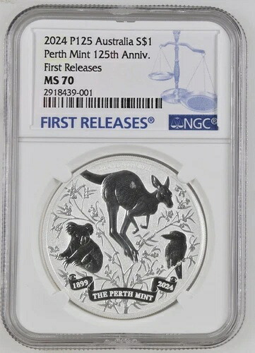 2024 P125 パース造幣局 125 周年記念、シルバー カンガルー/コアラ/ワライカワセミ、NGC MS70、FR