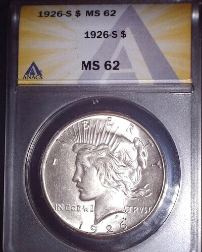 1926-S ピースシルバードル、MS62。ANACS、発行無料