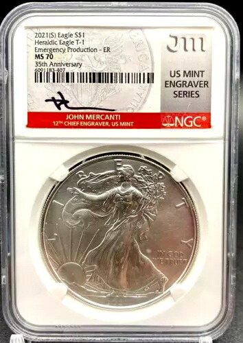 2021年 (S) アメリカン シルバー イーグル NGC MS70 T-1 エングレーバー シリーズ メルカンティ サイン入り ER|WORLD RESOURCE【KING店】