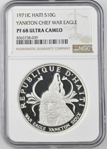 1971年 ハイチ シルバー 10グールド NGC PF-68 ヤンクトン チーフ ウォー イーグル