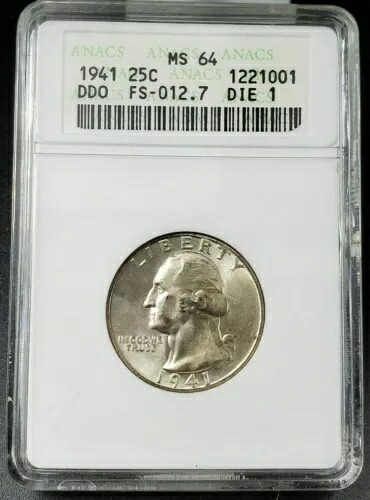 1941年 P 25セント ワシントン銀貨 クォーター ANACS MS64 DDO FS-012.7 FS-101 ダブルダイ 67,760円
