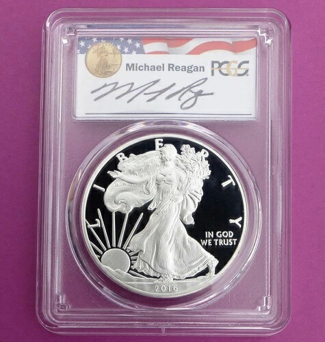 文字入りエッジシルバーイーグル、WPミントホードMレーガンラベル、2016年W PCGS PR70 D-Cam｜WORLD RESOURCE【KING店】