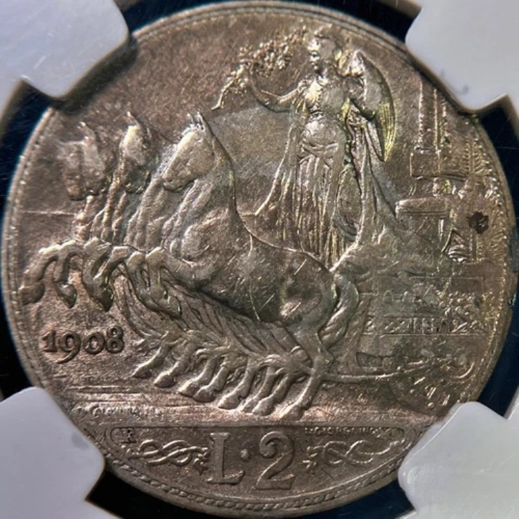 イタリア。1908年、2リラ、銀 - NGC VF30 - VEIII、クアドリガ、ローマ｜WORLD RESOURCE【KING店】