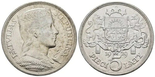 ラトビア - ラトビア 5 ラティ 1929 - シルバー 0.835、25g、? 37mm Km#9 - ほぼブ｜WORLD RESOURCE【KING店】