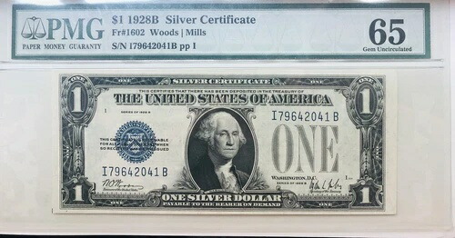 1928B 1ドル シルバー ファニーバック ジェム Fr.1602 IB ブロック PMG 65 シリアル I79642041B