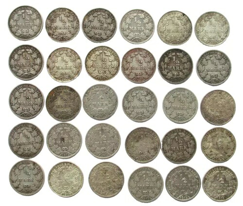 ドイツ帝国銀貨 ロット30 x 1/2マルク 1905-1918