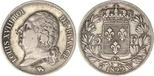 フランス - リール 5 フラン 1822 W ルートヴィヒ 18 世。 1814-1824 VF+ 121177 111,100円