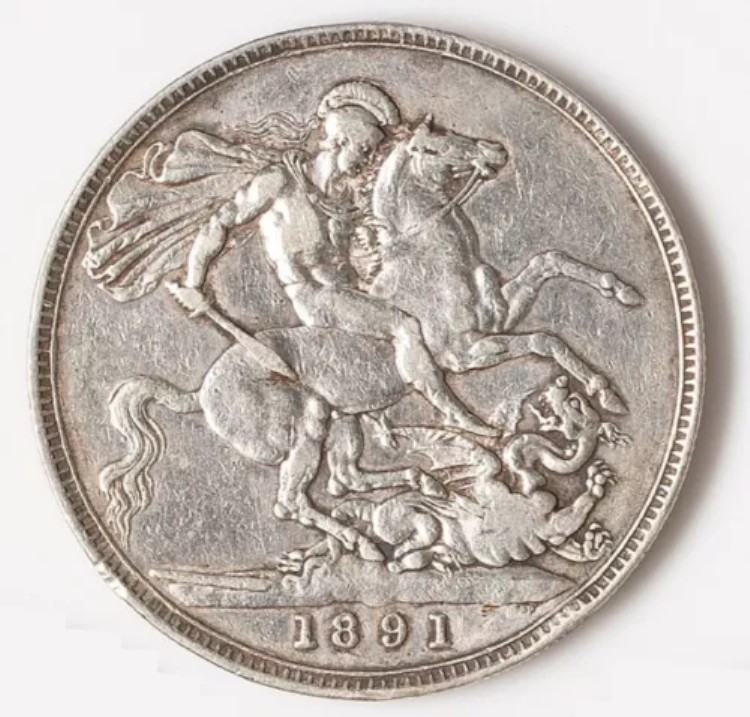 1891年 イギリス ヴィクトリア女王 セントジョージ ドラゴン シルバー クラウン コイン D222｜WORLD RESOURCE【KING店】