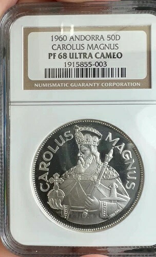 1960年 アンドラ 50枚のダイナー カロルス・マグヌス シルバー プルーフ NGC PF68 ウルトラカメオ|WORLD RESOURCE【KING店】