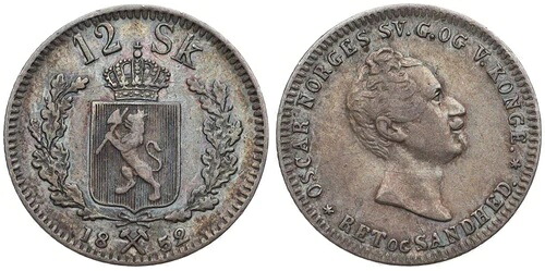 ノルウェー - ノルウェー 12 スキリング 1852 - 銀 0.875、2.89g、? 20mm Km#314