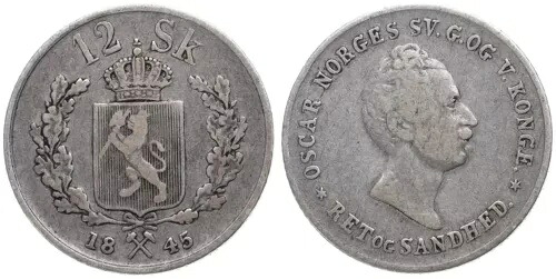 ノルウェー - ノルウェー 12 スキリング 1845 - 銀 0.875、2.89g、直径 20mm Km#314