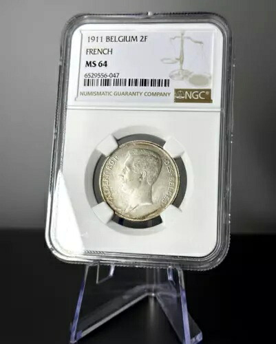 1911年 ベルギー 2フラン フランス語表記銀貨 NGC MS64 - 希少コイン