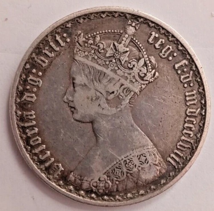 1858年ヴィクトリア銀貨フローリン/2シリング（銀貨0.925ドル）。イギリス硬貨。2