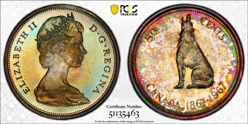 PR66 1967 50C カナダ ウルフ シルバー 50セント プルーフ、PCGS トゥルービュー - レインボートーン画像