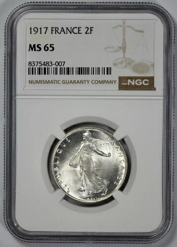 1917年フランス銀貨 2フラン NGC MS 65