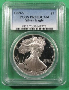 1989-S $1 シルバーイーグル PCGS PR70 DCameo。より厳しいレジストリグレード！ (725065)