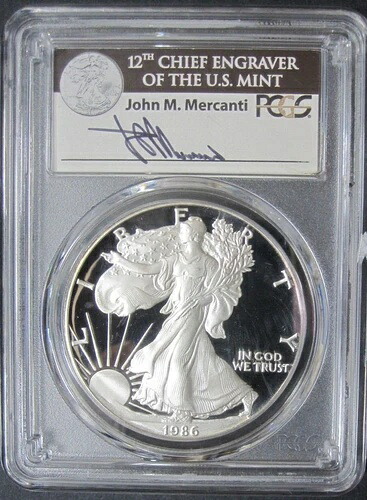 1986-S プルーフ アメリカン シルバー イーグル PCGS ジェム PF チーフ エングレーバー メルカンティのサイン入り|WORLD RESOURCE【KING店】