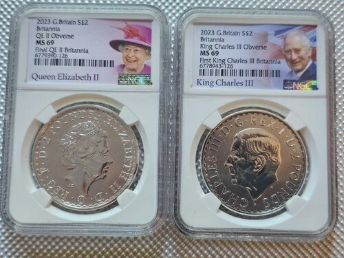 2023年英国2ポンド銀貨ブリタニアQE IIとKC IIIの彫像NGC MS69 2枚セット