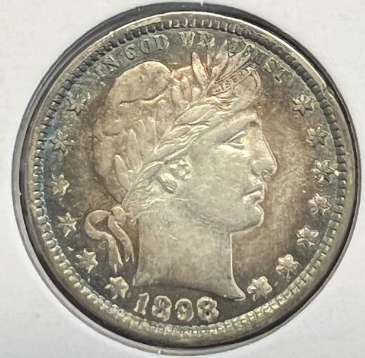 1898年 バーバー シルバー クォーター ほぼ未流通+ 色調良好！実物コイン #4058