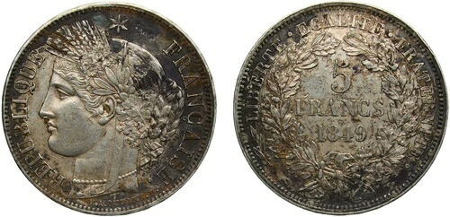 フランス 1849A 5フラン銀貨 (.900) AU 105,875円