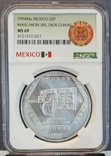 1994 メキシコ シルバー 5 ペソ S5P マスカロン デル ディオス チャック NGC MS 69 トップ ポップ