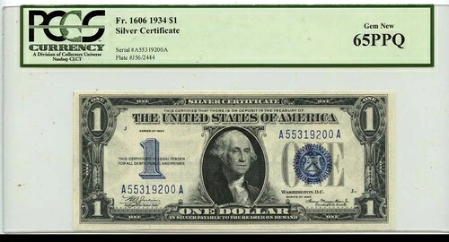 1934年 1ドル銀貨証明書 ブルーシール FR#1606 PCGS Gem 65 PPQ