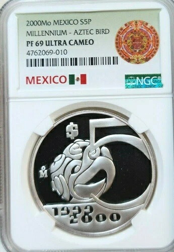 2000年 メキシコ シルバー 5ペソ ミレニアム アステカ バード NGC PF 69 ウルトラカメオ 希少