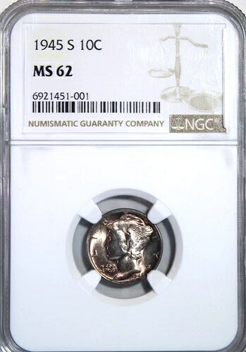 1945-S マーキュリー ダイム NGC MS 62 シルバー 非常に素晴らしい色調です !!!NICE!!!