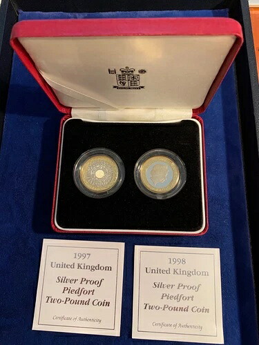 英国 1997-98 2ポンド シルバー プルーフ ピエフォート 2枚セット、発行時のオリジナルボックス入り