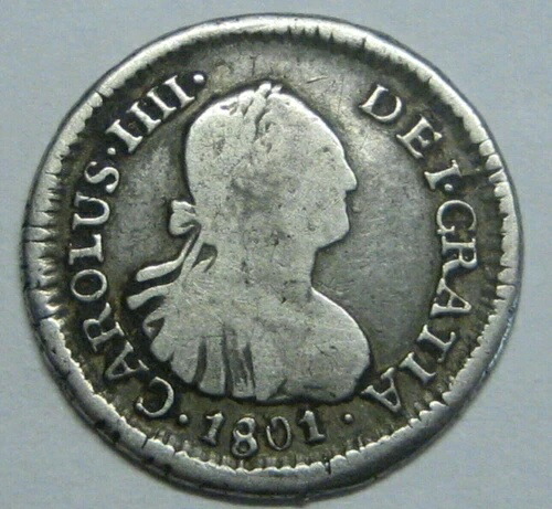 1801年 サンティアゴ 1/2レアル チリ チャールズ4世 鑑定人 AJ スペイン 銀貨 植民地時代
