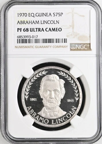 赤道ギニア: 1970年 75ペセタ NGC PR68UCAM ?? 99.9% シルバー リンカーン コモン