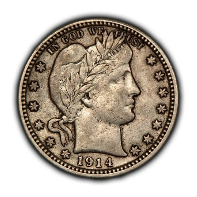 1914年 25セント銀貨 バーバークォーター - 光沢 - 魅力的なAU - SKU-Z4419