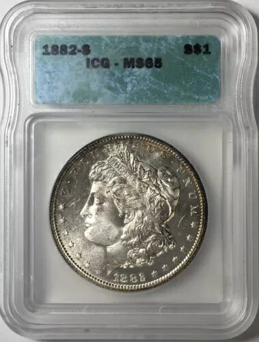 1882-S モーガン銀貨。BUブリリアント未流通コイン！MS65 ICG認定。