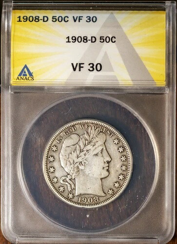 1908-D 50セント銀貨 バーバーハーフドル VF-30 ANACS # 7433083 + ボーナス|WORLD RESOURCE【KING店】