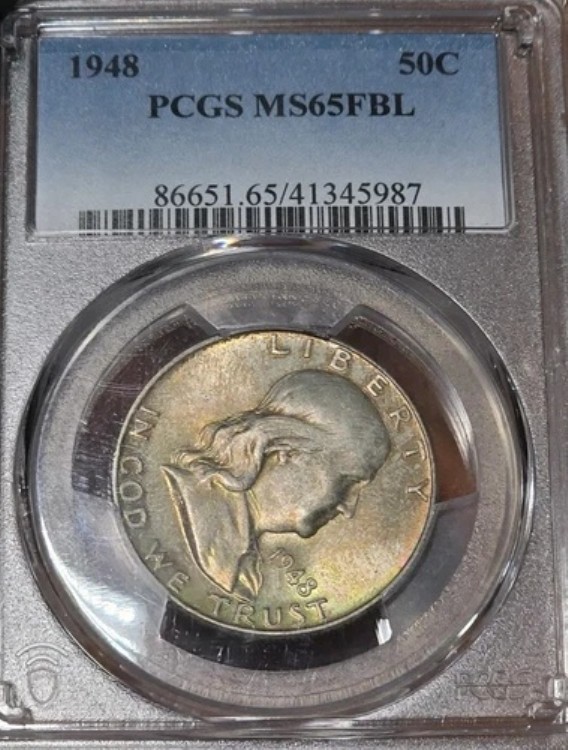 1948年 50セント フランクリンシルバー ハーフドル PCGS MS65FBL レインボートーン 初年度発行｜WORLD RESOURCE【KING店】